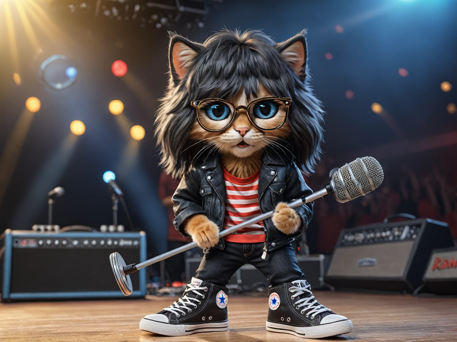 Cute anthropomorphic kitten fluffy cartoon with very long hair black with bangs, singing with microphone in hand (black sunglasses with oval lenses) by Joey Ramone digital painting 3d cosplay Ramones pants jeans, All Star shoes in the background concert stage with several lights blue, isometric view, Cinematic, Hyperrealistic, Backlit, Extremely low angle, Highly detailed, scaled down, Unrealistic rendering, 16K