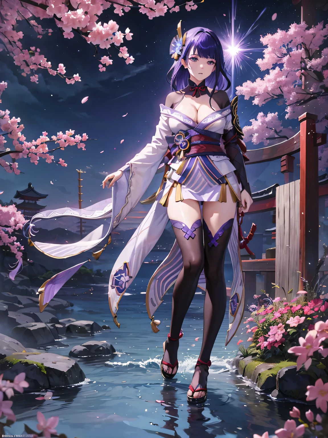 ((Full body image:1.4))Japanese Shrines, (Highest quality,Realistic,masterpiece:1.2,8k wallpaper:1.2),((Pale skin)),One Girl,women only,((raidenshogndef))((Genshin Impact,General Raiden)),Lightning Particles,Purple Lightning,Light background,cherry blossoms,Purple Theme,Delicate facial features,Sexy and beautiful anime girls,General Raiden,Long purple hair,Rosy lips,Anime Mouth,(Very sad face),large breasts, Beautiful cleavage,Slender figure、Thin legs