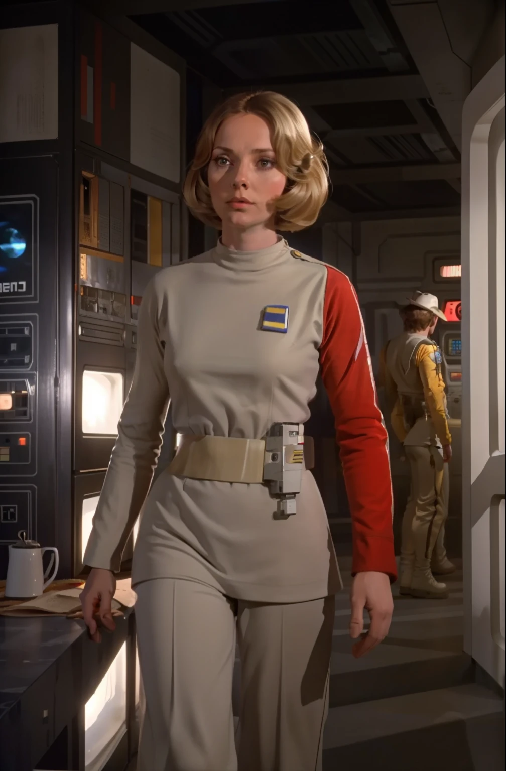 woman in lunar base corridor, blonde hair in uniform s1999unf,red left sleeve, tiro de cowboy,Artificial lights,diffuse lighting