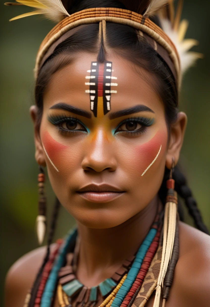 a detailed portrait of an indigenous tupinambá woman from brazil, intricate tribal makeup, detailed facial features, bright and soft diffused lighting, highly detailed 4k artwork, sharp focus, depth of field