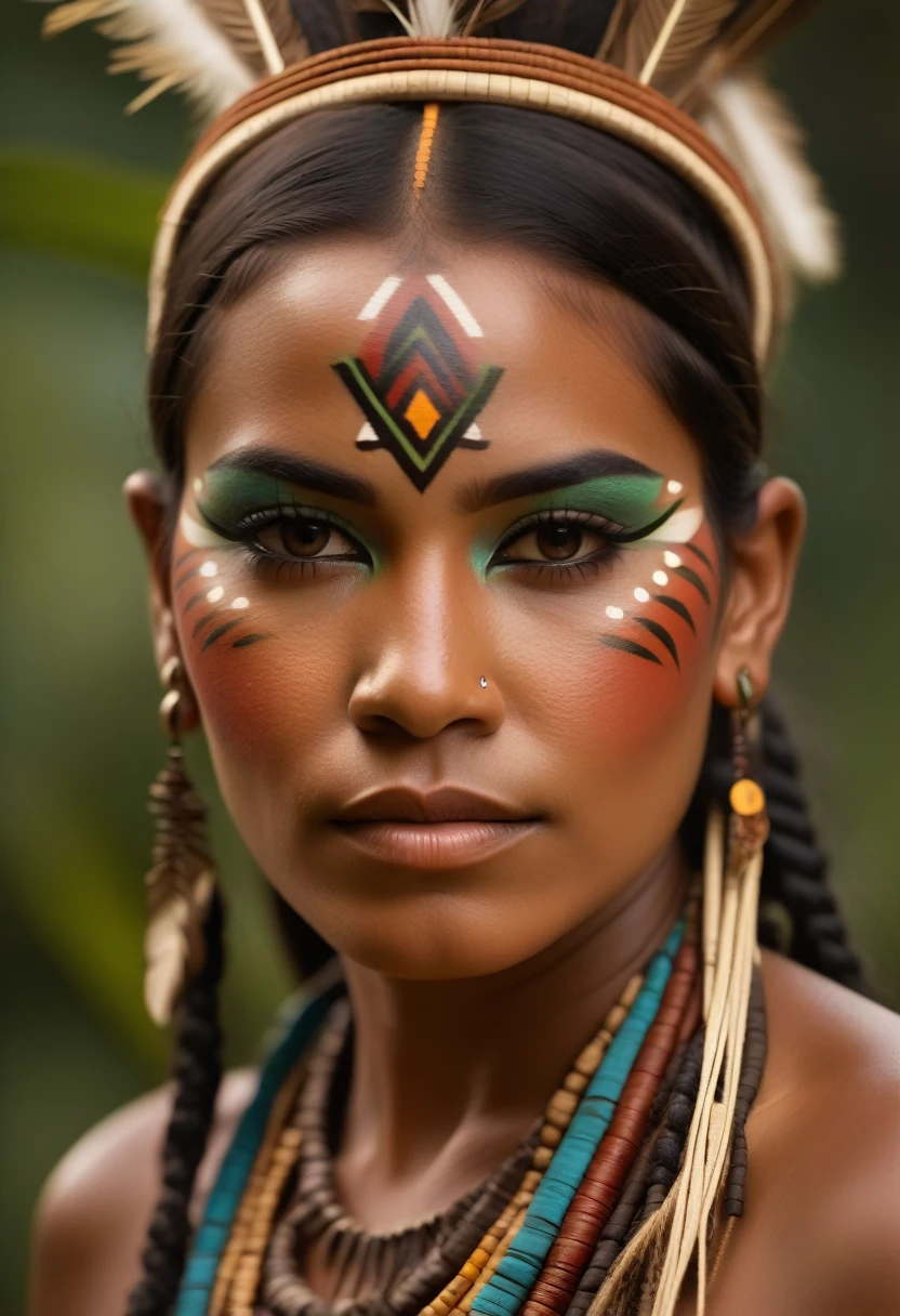 a detailed portrait of an indigenous tupinambá woman from brazil, intricate tribal makeup, detailed facial features, bright and soft diffused lighting, highly detailed 4k artwork, sharp focus, depth of field