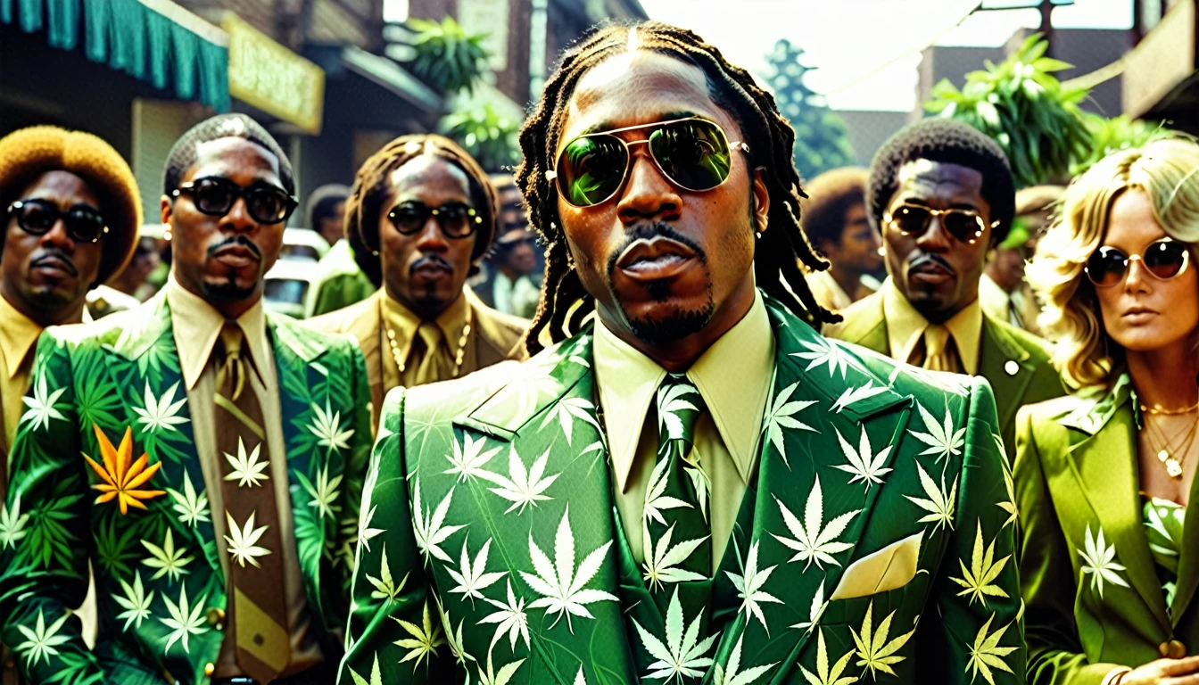 1970s photo of "Luniz" wearing ????????? leaf print suits, atmospheric perspective, textured skin, cinematic action, super detail,