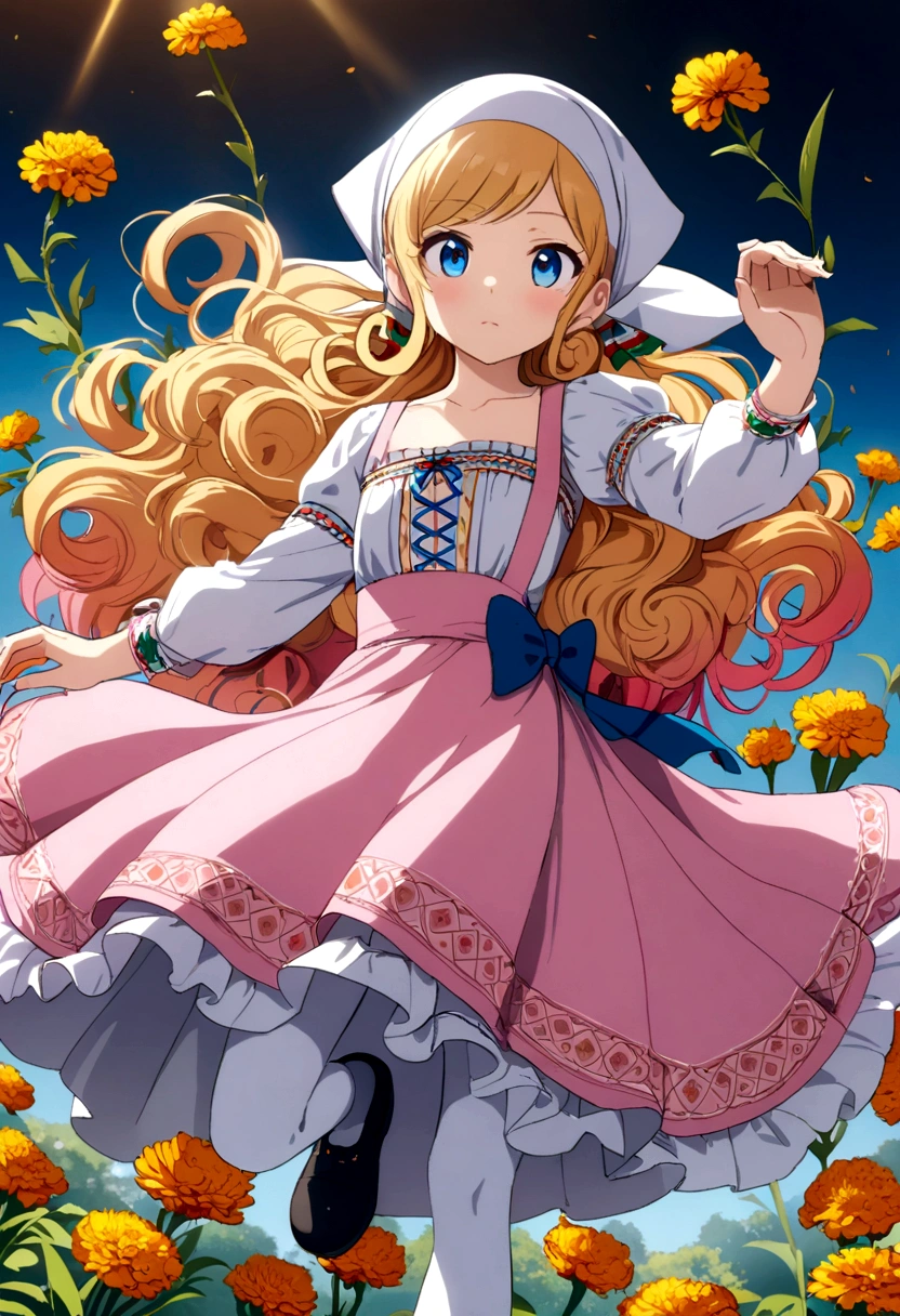 golden orange hair, gradient hair, very long hair, swept bangs, sidelocks, curly hair, wavy hair, (((((head scarf))))), head bandana, pink apron, flower in hair, marigold, orange flower, blue eyes, dirndl, pink dress, pink dirndl, long sleeves, waist apron, white apron, bow on waist, blue bow, , polish clothing, Slavic clothing, Hungarian clothing, anime, cute, full body, white leggings, black shoes, flat chest, dynamic pose
