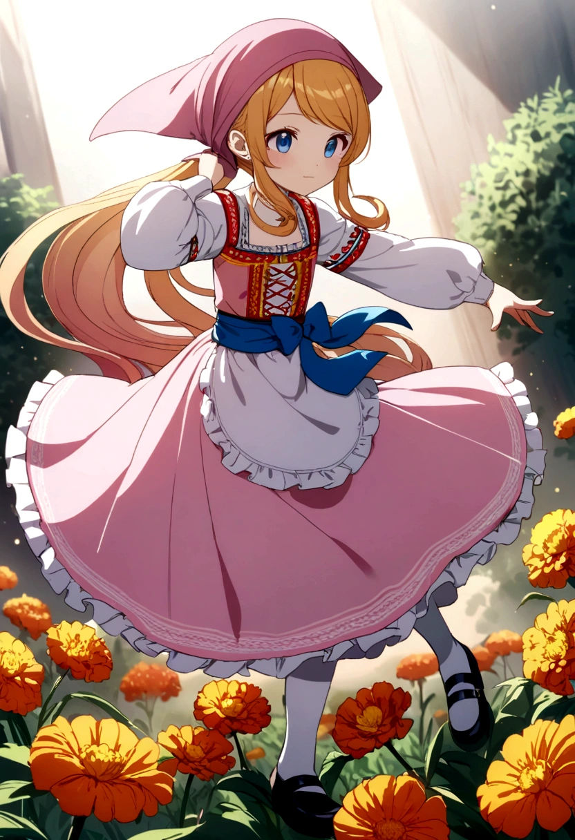 golden orange hair, gradient hair, very long hair, swept bangs, sidelocks, curly hair, wavy hair, (((((head scarf))))), head bandana, pink apron, flower in hair, marigold, orange flower, blue eyes, dirndl, pink dress, pink dirndl, long sleeves, waist apron, white apron, bow on waist, blue bow, , polish clothing, Slavic clothing, Hungarian clothing, anime, cute, full body, white leggings, black shoes, flat chest, dynamic pose
