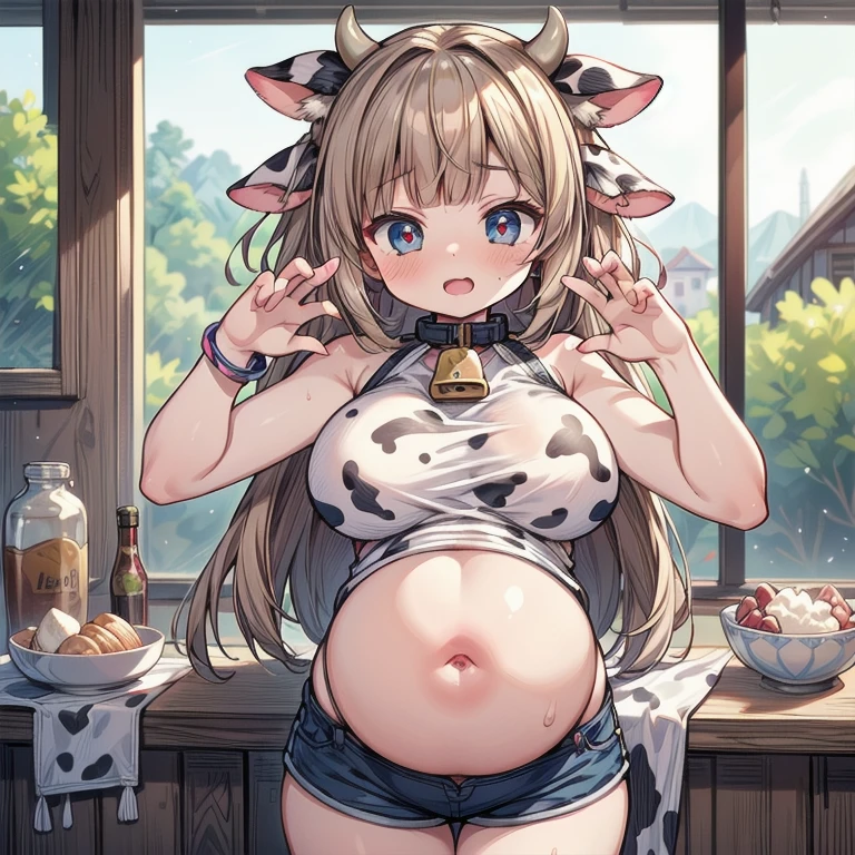 ((Masterpiece)), ((best quality)), (Anime:1.4), (super detail:1.2), (High Definition:1.3), (Professional Photography:1.3), (wide shot), (sharp focus), (perfect light), (()), 1girl pregnant milking cow enormous massive gigantic big large fat milking breasts enormous massive gigantic mammale enormous areolae, ((wearing Cow-patterned tanktop)), fluffy shorts, cinematic lighting, Textured skin, messy hair, (loose blunt bangs), teenage girlalthy stomach, (Healthy slim body), small breasts, cute eyes, ((naughty face)), (open mouth), (put on cow ears), pale brown hair, Cute Beautiful girl, ((playful pose)), Thin accessories, ((on the precipitous cliff)), vaches à lait se faisant traire les enorme seins