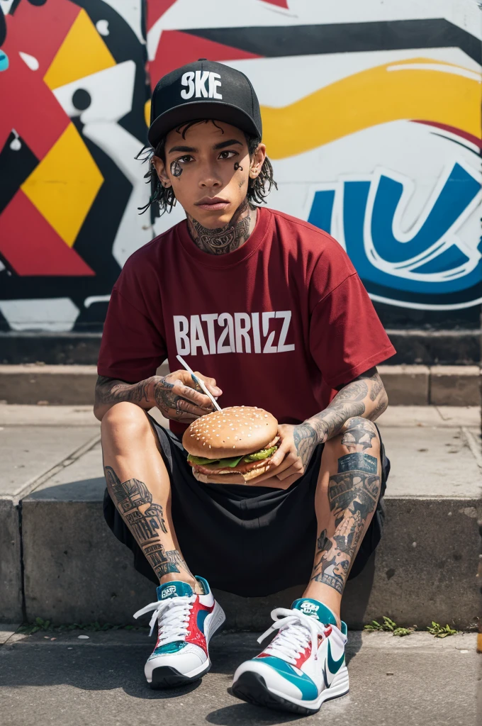 Skateboarder with tattoos and wearing Nikes, eating hamburger in the center of São Paulo with graffiti on the walls