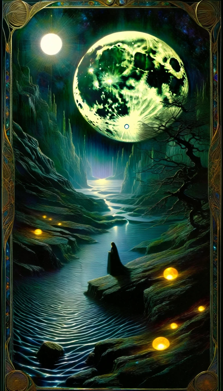 (tarot card,the moon tarot card,mystical,occult,dark,moody,dramatic lighting,glowing moon,rippling water,rocky landscape,intricate details,vivid colors,fantasy,oil painting,dave mckean,masterpiece:1.2,highly detailed,photorealistic:1.37,8k)