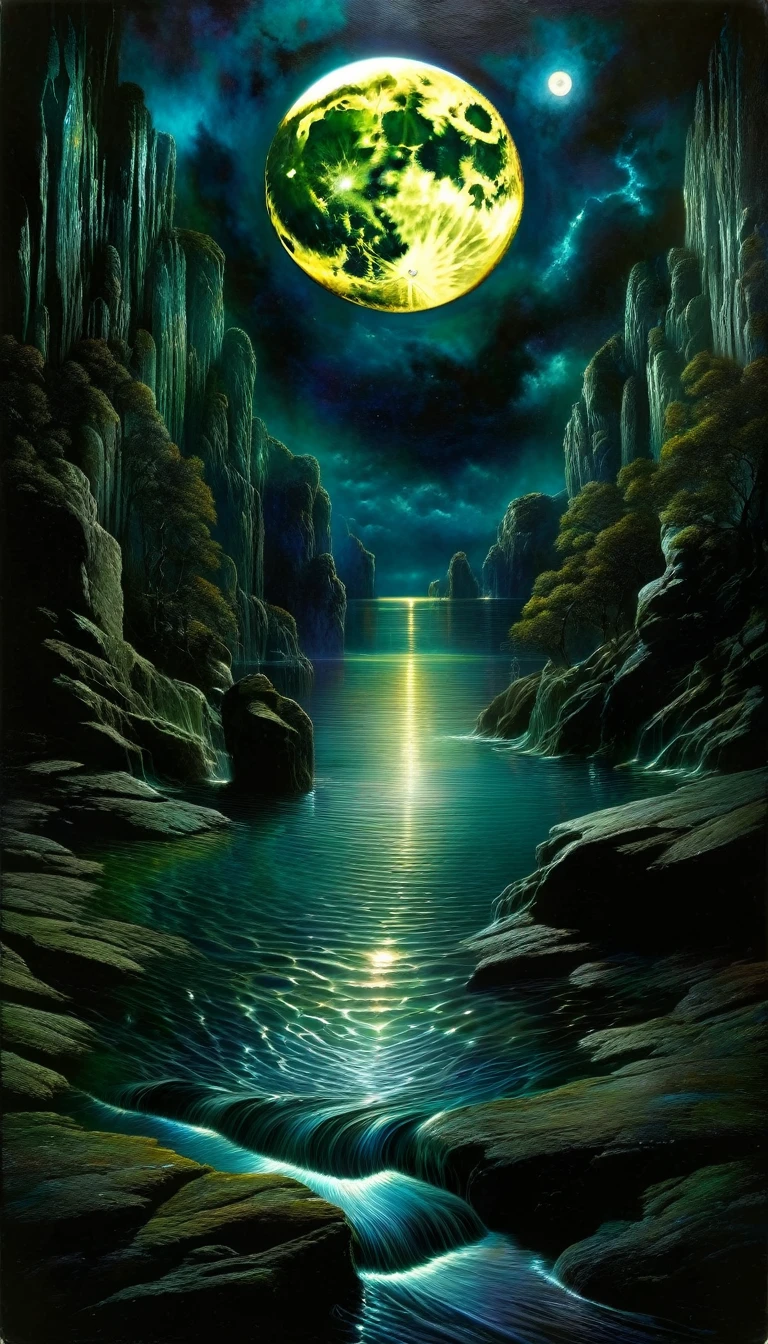 (tarot card,the moon tarot card,mystical,occult,dark,moody,dramatic lighting,glowing moon,rippling water,rocky landscape,intricate details,vivid colors,fantasy,oil painting,dave mckean,masterpiece:1.2,highly detailed,photorealistic:1.37,8k)