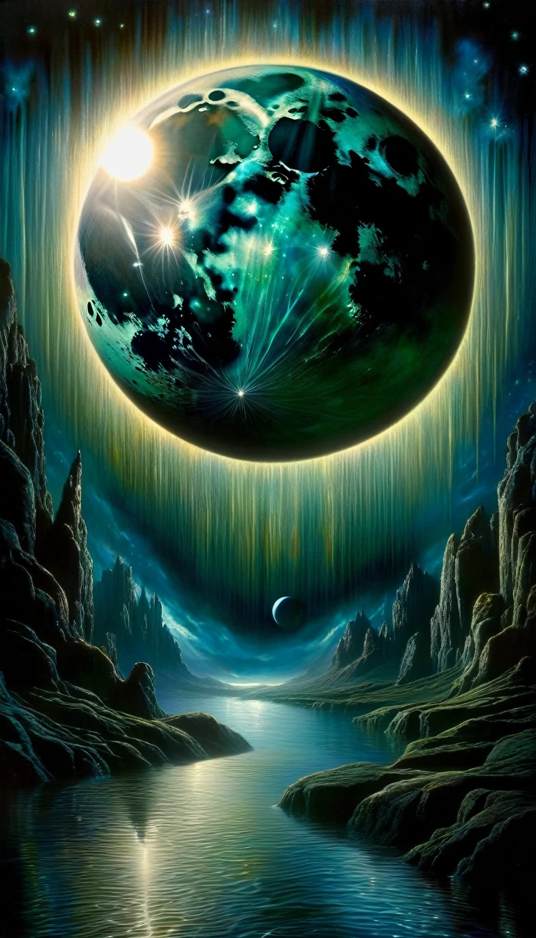 (tarot card,the moon tarot card,mystical,occult,dark,moody,dramatic lighting,glowing moon,rippling water,rocky landscape,intricate details,vivid colors,fantasy,oil painting,dave mckean,masterpiece:1.2,highly detailed,photorealistic:1.37,8k)