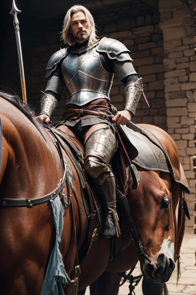 Tattoo of a knight on top of his horse with a spear in his hands 