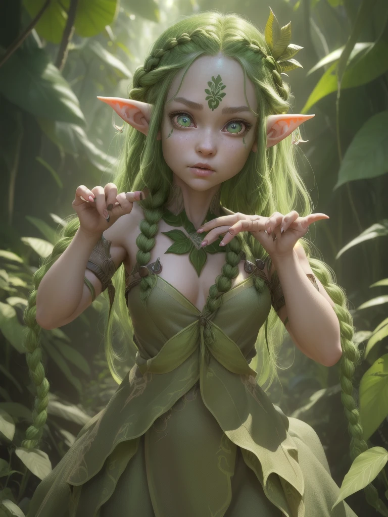 female cute elf, high detail, perfect hands, anatomical biometrical hands, in a jungle, two braid hair, wearing elf dress, cute face, full body, (hyper detailed eyes, hyper detailed face), 16k, 8k, RAW photo, best quality, masterpiece, high detail RAW color photo, dramatic lighting, cinematic lighting, back light, professional lighting