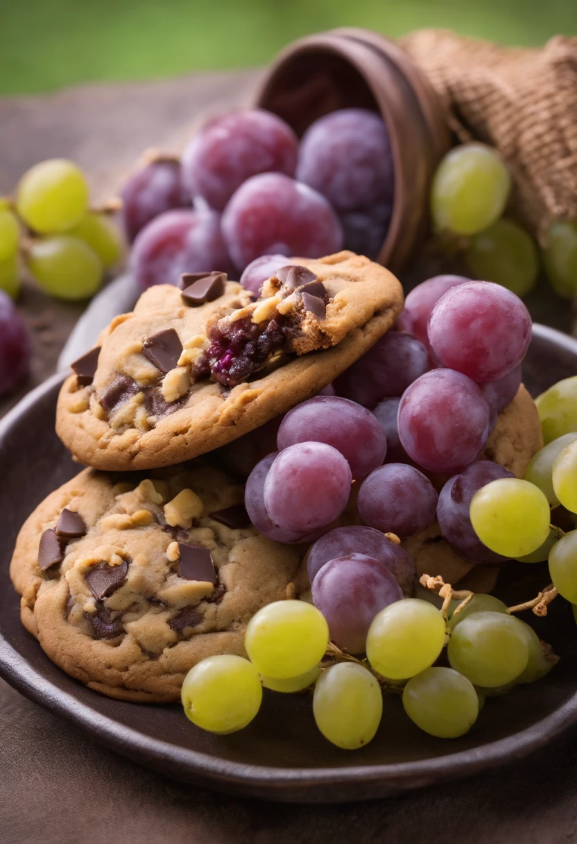 Cookie, Cookie cookie, chocolate, with grape ice cream, chocolate chip cookie with chocolate chips and walnuts, (cookie with grape ice cream por cima), realisitic, high resolution, 4K, scenario (not nature), Cookies de chocolate with grape ice cream, professional foto, best photographer in the world, grade, optical zoom, cookies com sorvete de uva, cookies com sorvete roxo, cookie com sorvete de uva