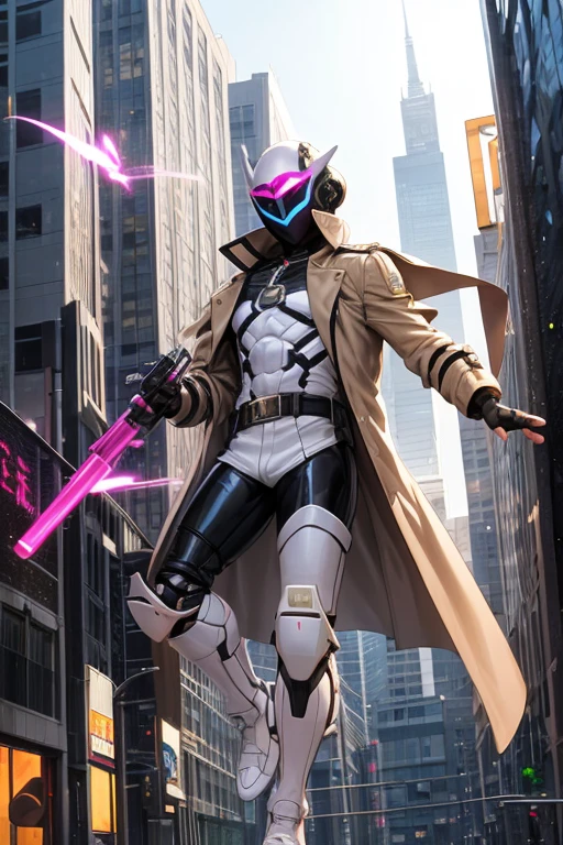 ((best quality)), ((masterpiece)), (detailed), 1 boy, full body, 19 years old, masked, white mask covering his entire head, smooth head, mask covering his mouth, large black goggles, black aviation mask, black collar, tall and thin, very thin, long beige trench coat, open trench coat showing his chest, black fingerless gloves, white wristbands, white nanotech suit, white chest with an I, luminous pink letter "I" emblem on his chest, letter I, black pants, white knee pads, metallic white shoes, superhero belt, nanotechnology in the air, flying on a building, city background, anime