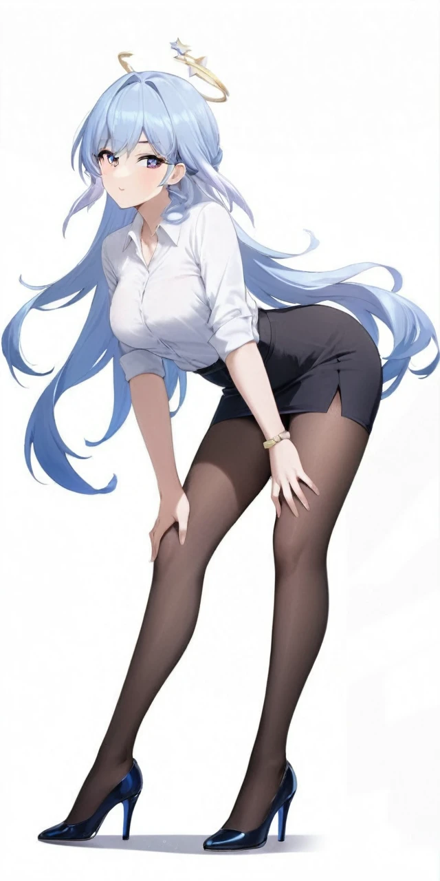 anime girl sitting on a desk with her legs crossed, office clothes, on a desk, thighhighs and skirt, sitting on a desk, tight attire, trending on cgstation, good hips and long legs, standing on a desk, elegant legs, sexy pose, long legs, (sfw) safe for work, business attire, nice legs, photorealistic perfect body, kafka from honkai star rail