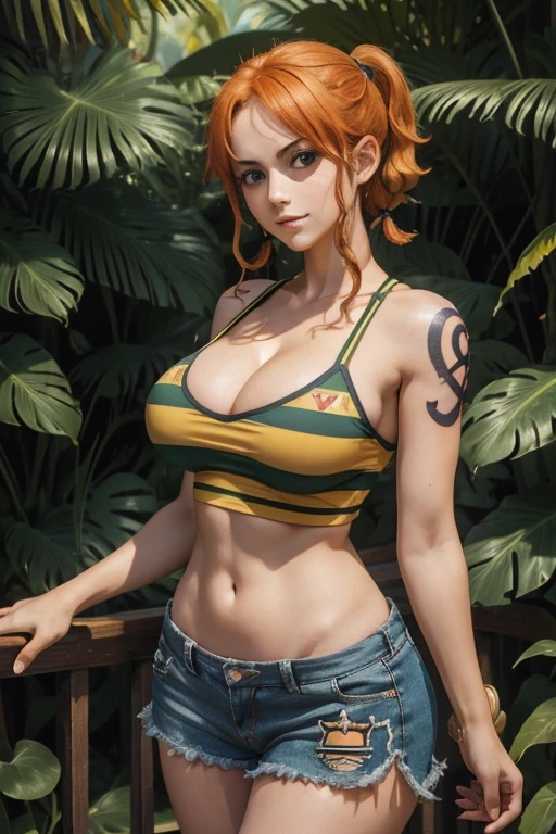 (masterpiece), best quality, expressive eyes, perfect face, (deep jungle background), (standing), (smirk), (cleavage view), (1girl, 18 years old, Nami (one piece), fair skin, orange hair, brown eyes, hourglass figure, thin body, skinny body, petite_body, large breasts, huge breasts, oppai, large cleavage, wide hips, thick thighs), (nami (one piece), nami strong world clothes, short hair, pigtails, left shoulder tattoo, exposed cleavage, rastafari flag pattern shirt, (red, yellow, and green striped pattern shirt), red strap shirt, red shirt, red stripped shirt, rastafari, rastafari pattern, rastafari colors, sleeveless, croptop, bracelet, minishorts, black shorts),