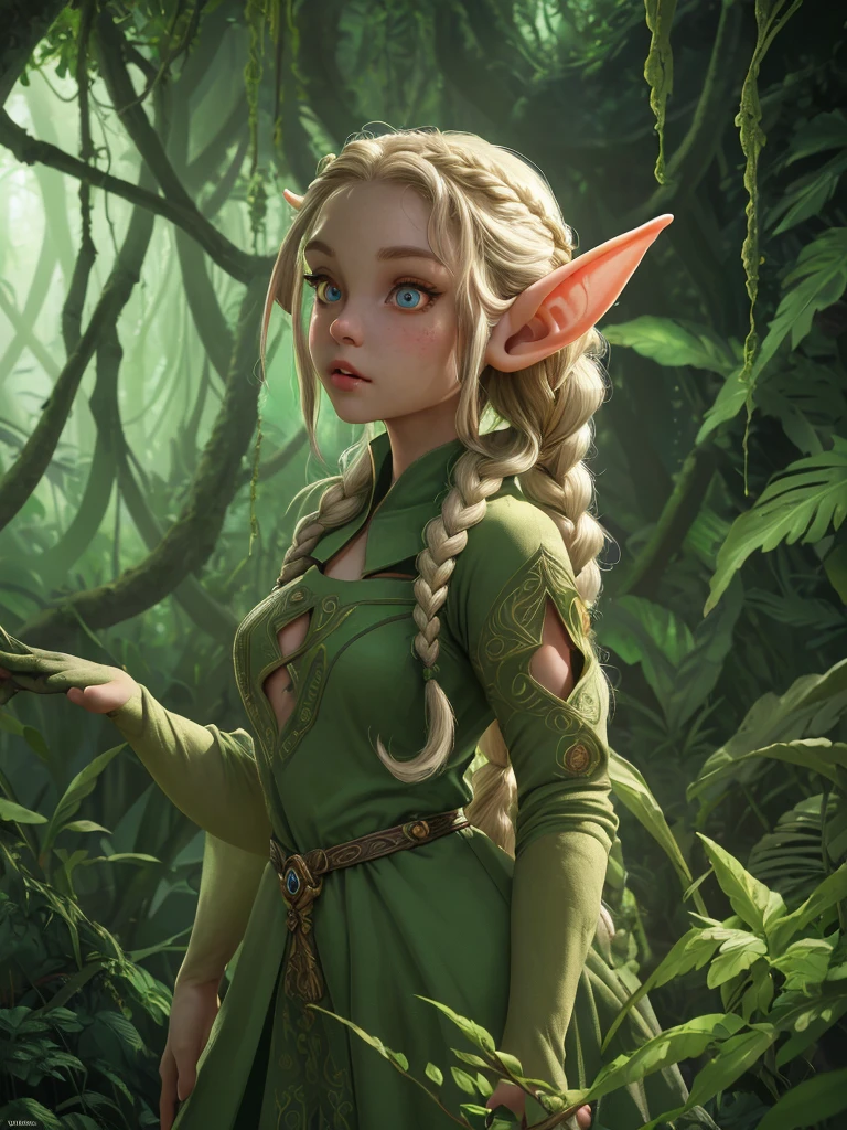 female cute elf, anatomical biometrical hands, in a jungle, two braid hair, wearing elf dress, cute face, full body, (hyper detailed eyes, hyper detailed face), 16k, 8k, RAW photo, best quality, masterpiece, high detail RAW color photo, dramatic lighting, cinematic lighting, back light, professional lighting
