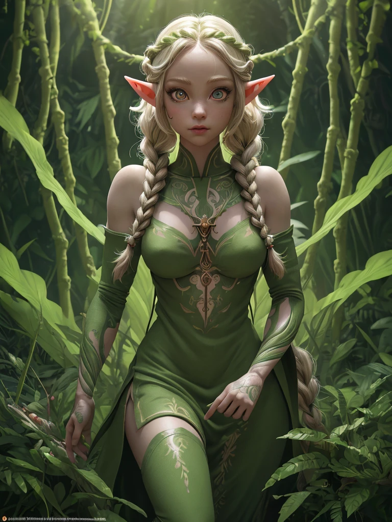 female cute elf, anatomical biometrical hands, in a jungle, two braid hair, wearing elf dress, cute face, full body, (hyper detailed eyes, hyper detailed face), 16k, 8k, RAW photo, best quality, masterpiece, high detail RAW color photo, dramatic lighting, cinematic lighting, back light, professional lighting