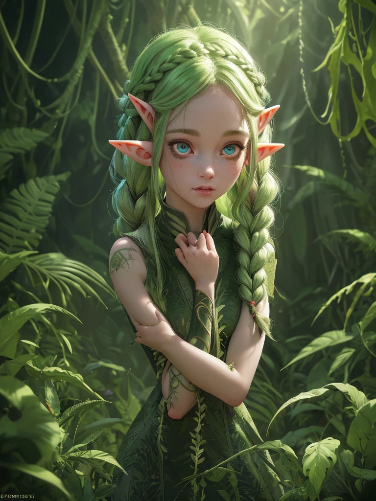 female cute elf, anatomical biometrical hands, in a jungle, two braid hair, wearing elf dress, cute face, full body, (hyper detailed eyes, hyper detailed face), 16k, 8k, RAW photo, best quality, masterpiece, high detail RAW color photo, dramatic lighting, cinematic lighting, back light, professional lighting