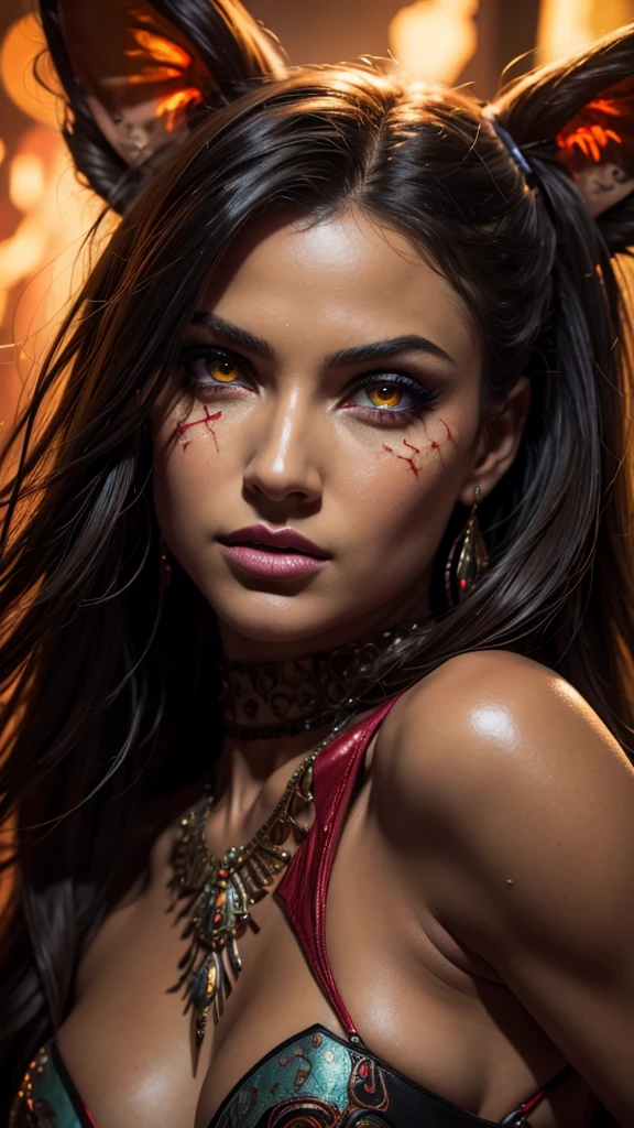 (((Masterpiece))), Best Quality, Hyper Detailed Gouache Style Painting Portrait of a Group of Enchanting Female Demons, Glowing Red/Yellow Eyes, Smooth Shadows, Hyper Realistic Textures, 8K, Best Quality, Realistic Cartoony Features, Stylized Illustration, Smooth Shadows, Correct Anatomy, Chromatic Aberration, Neon Highlights, Global Warm Lights, Dynamic Poses, Expressive Facial Expressions. This artwork, a testament to the artist's mastery, showcases a captivating ensemble of female demons. Their eyes glow with an otherworldly rad