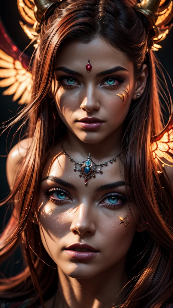 (((Masterpiece))), Best Quality, Hyper Detailed Gouache Style Painting Portrait of a Group of Enchanting Female Demons, Glowing Red/Yellow Eyes, Smooth Shadows, Hyper Realistic Textures, 8K, Best Quality, Realistic Cartoony Features, Stylized Illustration, Smooth Shadows, Correct Anatomy, Chromatic Aberration, Neon Highlights, Global Warm Lights, Dynamic Poses, Expressive Facial Expressions. This artwork, a testament to the artist's mastery, showcases a captivating ensemble of female demons. Their eyes glow with an otherworldly rad