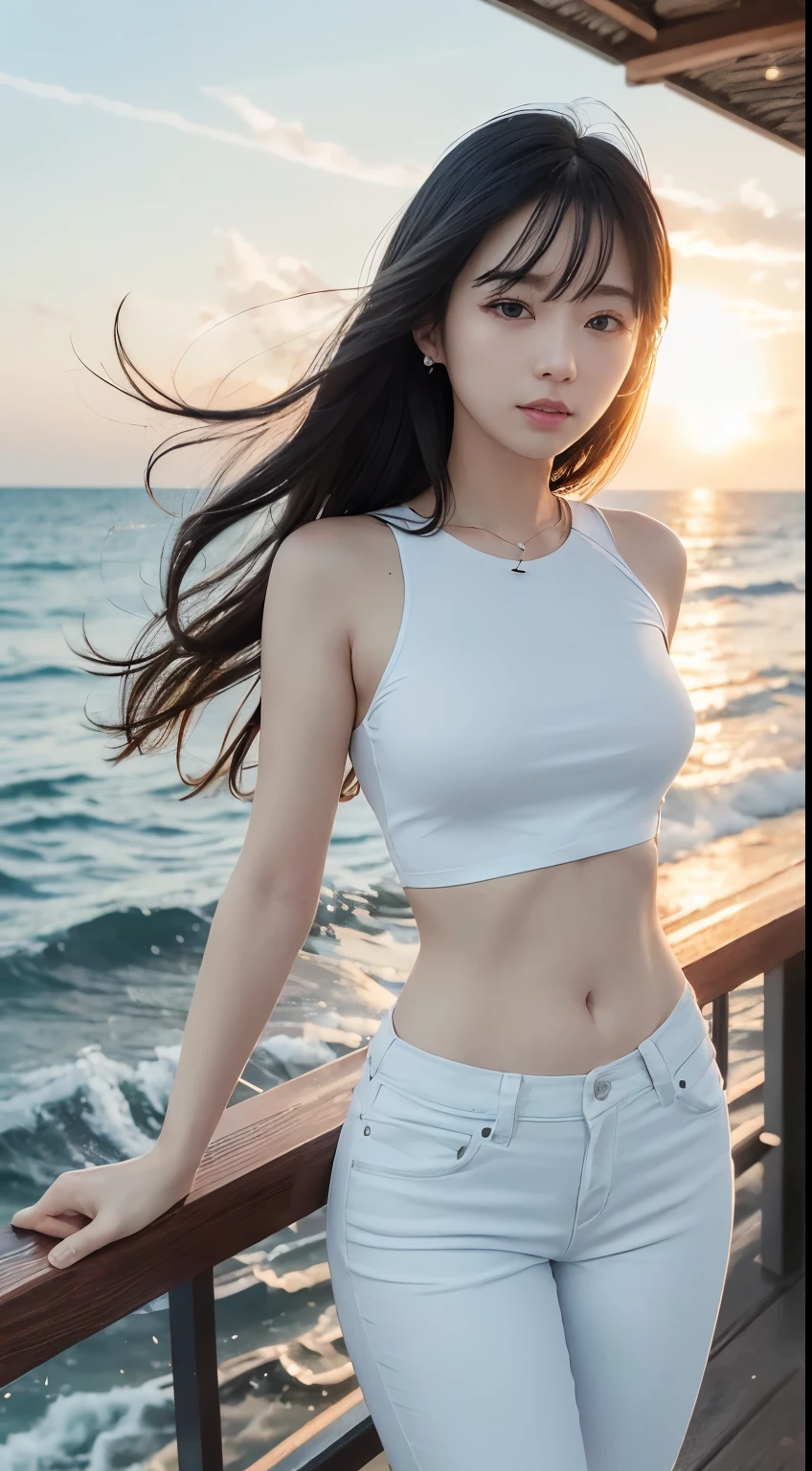 (logo、masterpiece、8K、Tabletop、RAW Photos、wonderful、最high quality、フォトリアリスティックでVery detailedな CG 統合 8K 壁紙、high quality、Very detailed、Narrative poem、Particle Effects、Dynamic Effects、Written boundary depth、Cinematic Light、Lens flare、Ray Tracing)、Fantasy、 (One beautiful woman、White pants、White T-shirt、White tube top、White crop top、Black-haired、Beautiful Face、True Face、Beautiful details、eye、Beautiful Skin、Ultimate Body、glamorous)、私の髪はWindに舞う、Hair flutters in Wind、Hair bounces、Seaside、wonderful景色、Coastal、sunrise、Sun in the background、Wind、Beach