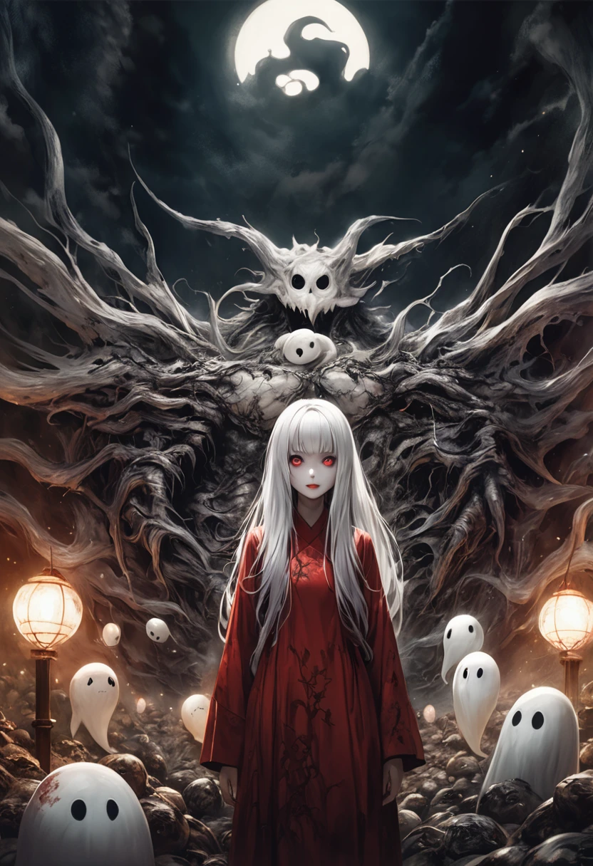 (attractive girl, smile,) 「ghost」To see[plush, Eyes stare, very beautiful, wuxia, chino, horror manga style, dark, alma, dark red, photorealistic eyes, bokeh, monstrous, surreal illustration, horror illustrator, Pathological theme, hollow knight&#39;artistic style, full body shot, full body shot, ((masterpiece, high resolution, high quality, 最high quality))