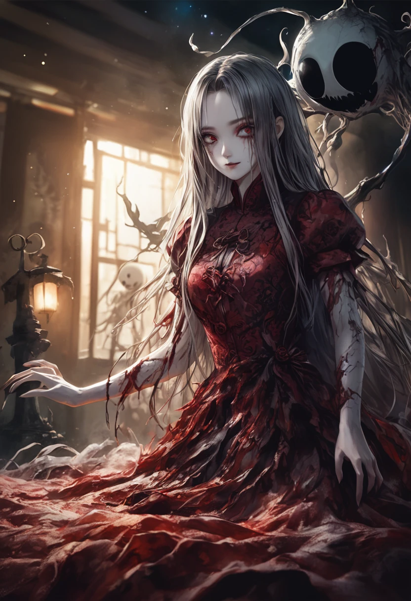 (attractive girl, smile,) 「ghost」To see[plush, Eyes stare, very beautiful, wuxia, chino, horror manga style, dark, alma, dark red, photorealistic eyes, bokeh, monstrous, surreal illustration, horror illustrator, Pathological theme, hollow knight'artistic style, full body shot, full body shot, ((masterpiece, high resolution, high quality, 最high quality))