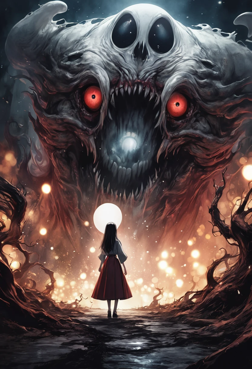 (attractive girl, smile,) 「ghost」To see[plush, Eyes stare, very beautiful, wuxia, chino, horror manga style, dark, alma, dark red, photorealistic eyes, bokeh, monstrous, surreal illustration, horror illustrator, Pathological theme, hollow knight&#39;artistic style, full body shot, full body shot, ((masterpiece, high resolution, high quality, 最high quality))