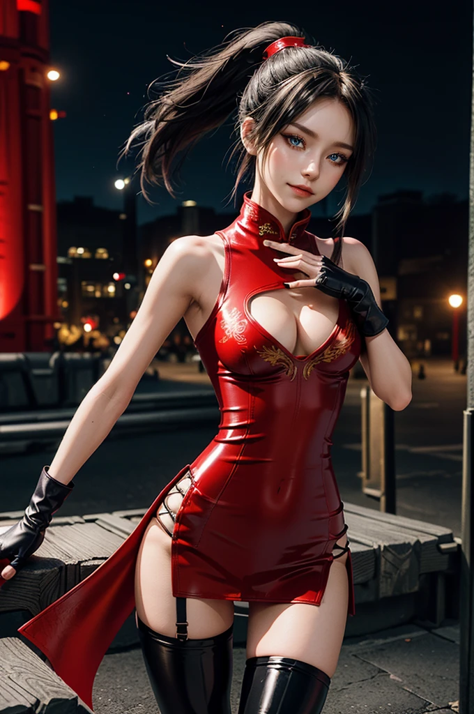 (RAW photo, best quality), Cute girl with short black hair, (ponytail), (city roof at night background), low light , dark eyeliner, cute smile, gorgeous face , super cute, 18 years old , young looking, hyper detailed face, dark eyeliner, (medium breast), (thin waist, super slender), (bare shoulders, (exposed hips), skintight and red PVC qipao china dress with yellow dragon decoration and vivid patterns, deep black leather thigh high boots, ((red PVC fingerless gloves)), cleavage, ((both hands on waist)), one leg in front of the other, (((very extremely small small navel exposure))), (thigh belt)