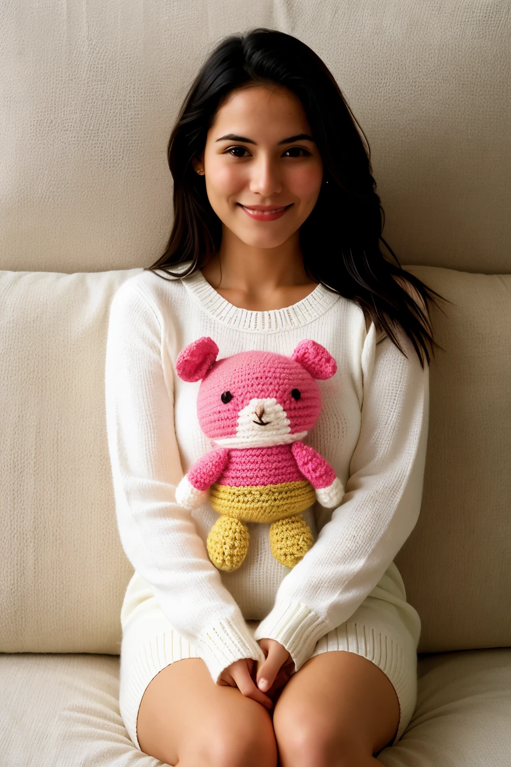 Generate a pretty woman who is knitting amigurumis. Who is from the country of Colombia.