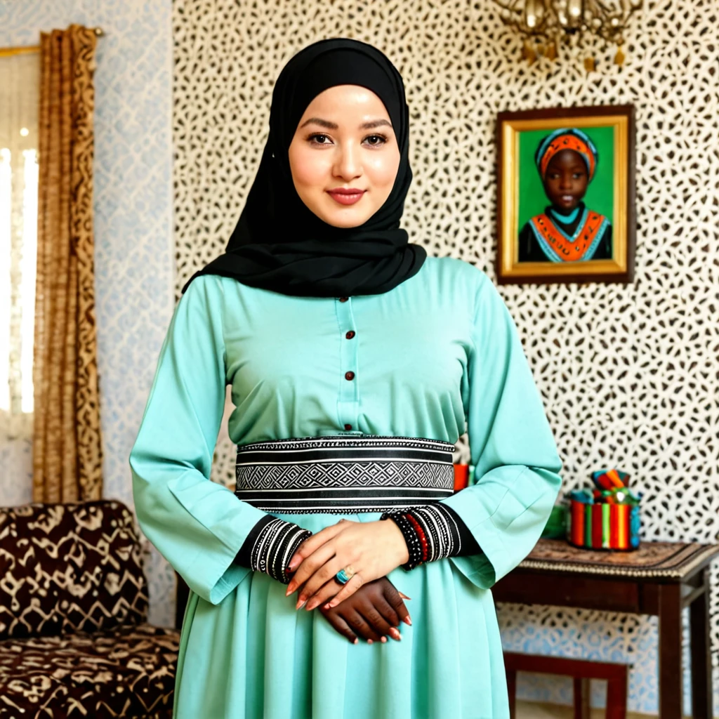 Pale skin Uzbek woman in hijab standing in room bracelet embracing her ebony African baby