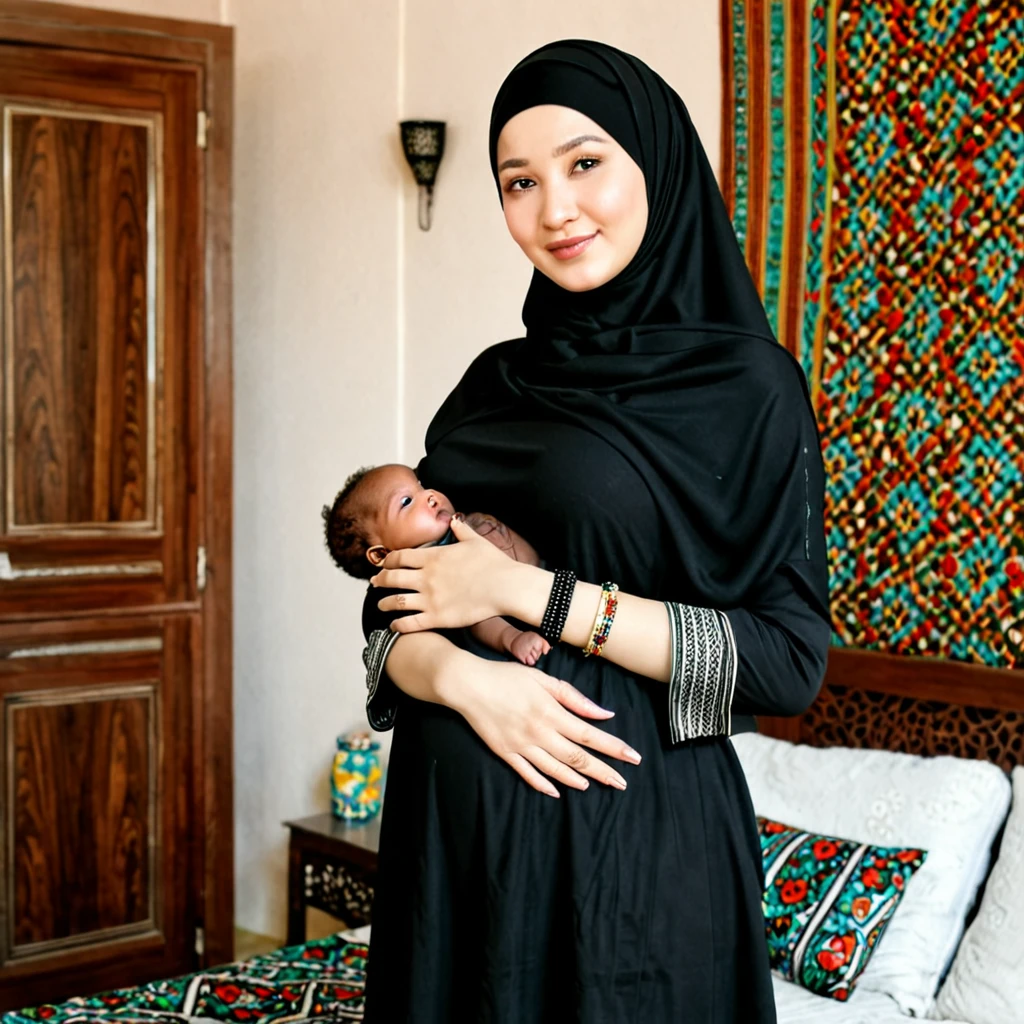 Pale skin Uzbek woman in hijab standing in room bracelet embracing her ebony African baby