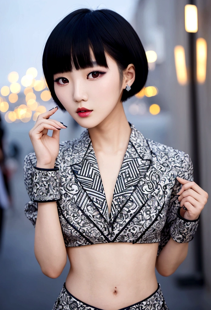 Korean model sporting stylishly cropped haircut, decorated with graphical patterns illuminating her eyes, pose inspired by the high-fashion editorial, flawless skin radiating under natural light, dressed in avant-garde couture, surrounded by the subtly twinkling city street lights, irony runway, high-res photo, urban nightlife, chic echos, aperture F 2.5,