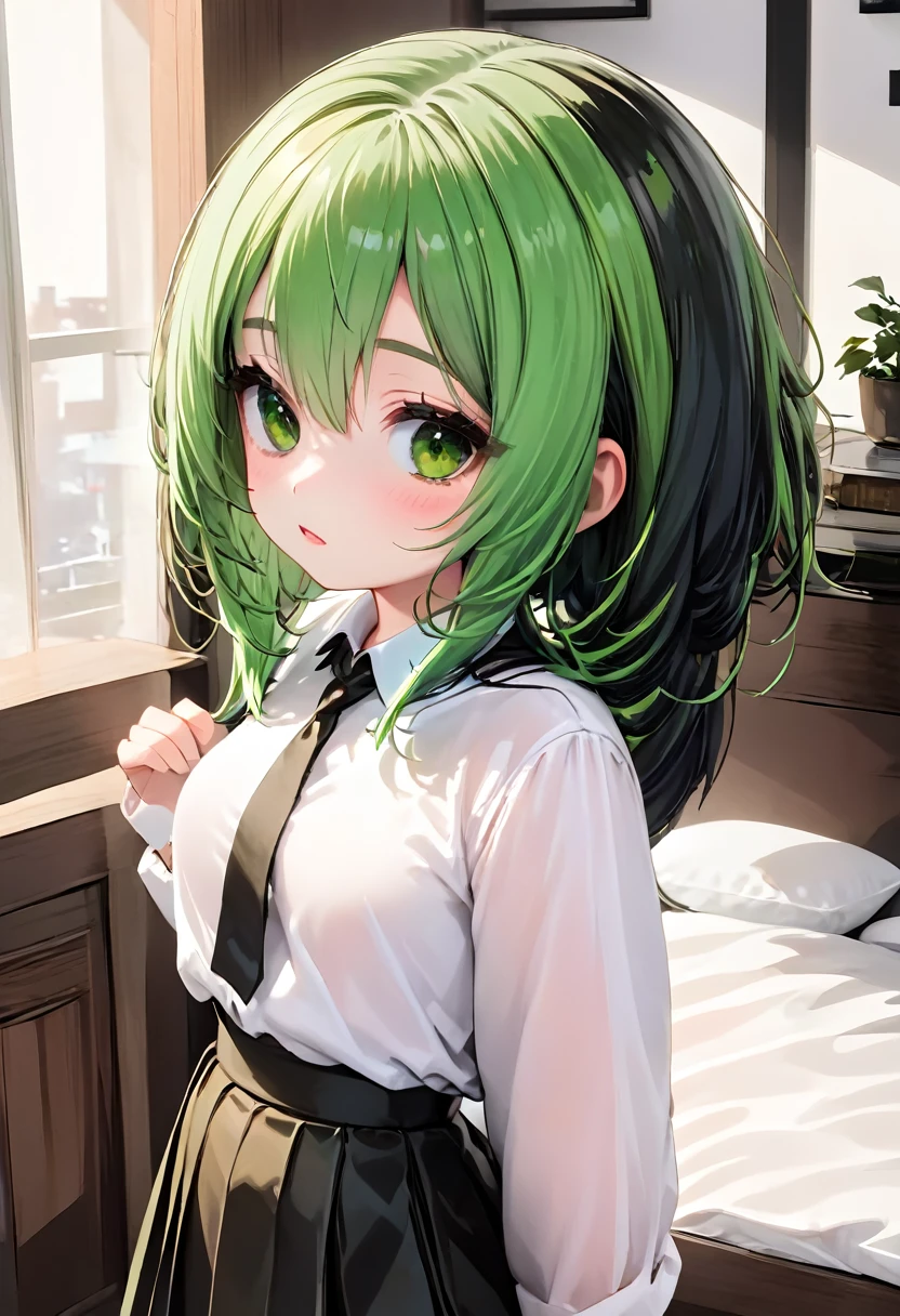 Girl with black and green hair, Brown eyes, White shirt, black skirt 