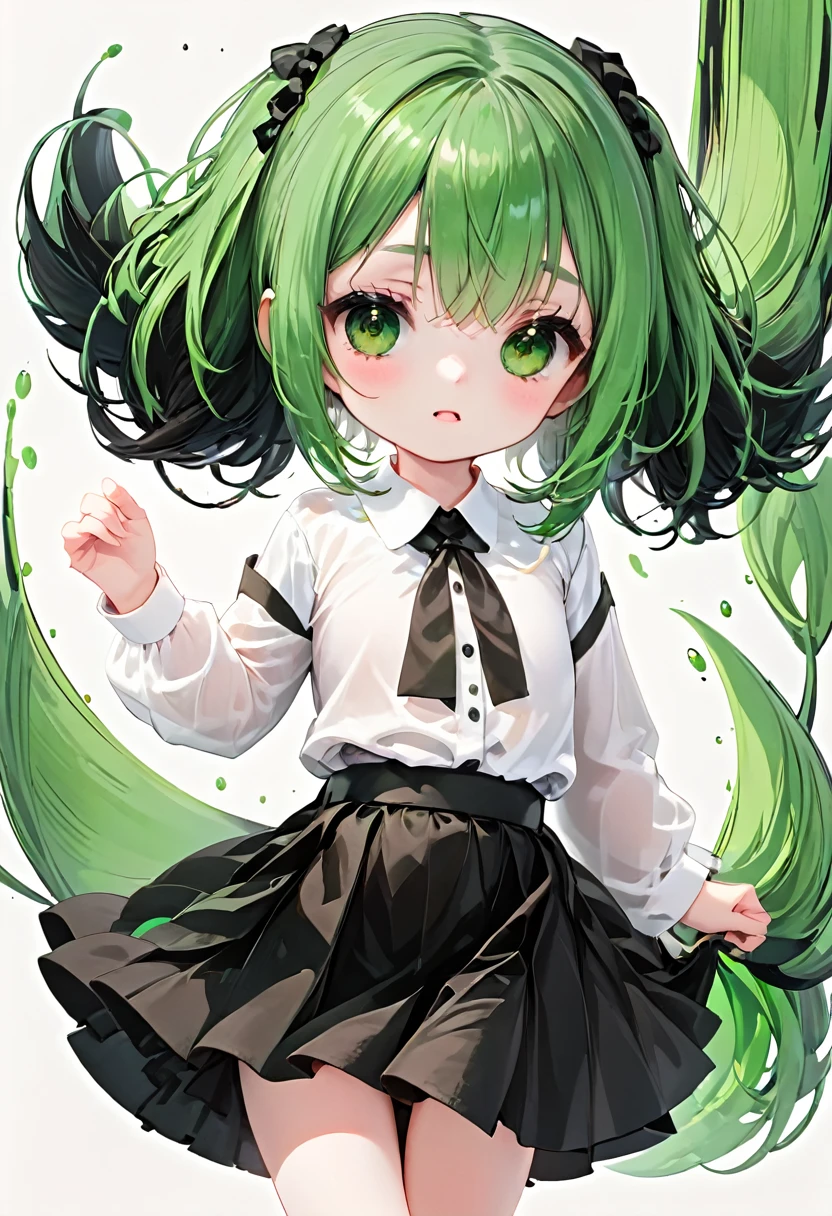 Girl with black and green hair, Brown eyes, White shirt, black skirt