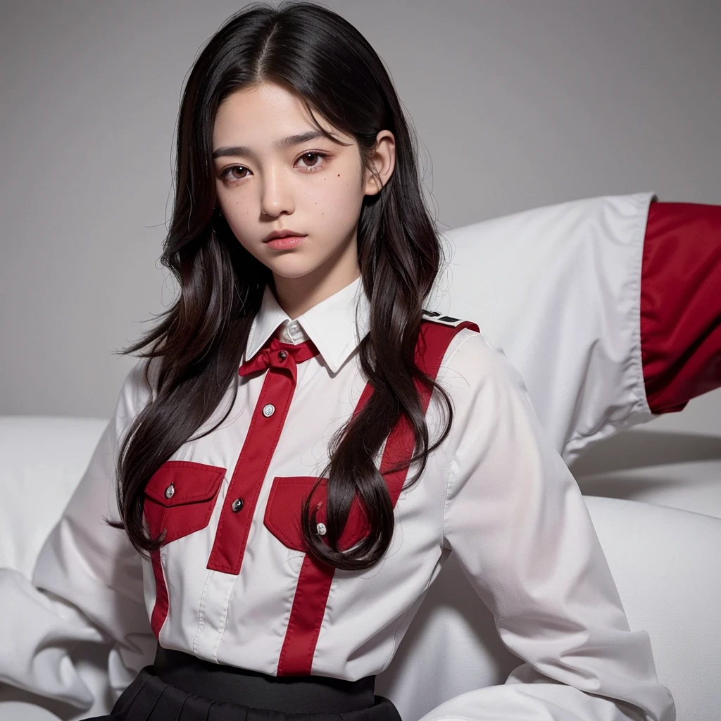 12 year old teenager short black wavy hair with red highlights, white skin honey-colored eyes and a gray uniform on his neck there is a very small moon-shaped mole 