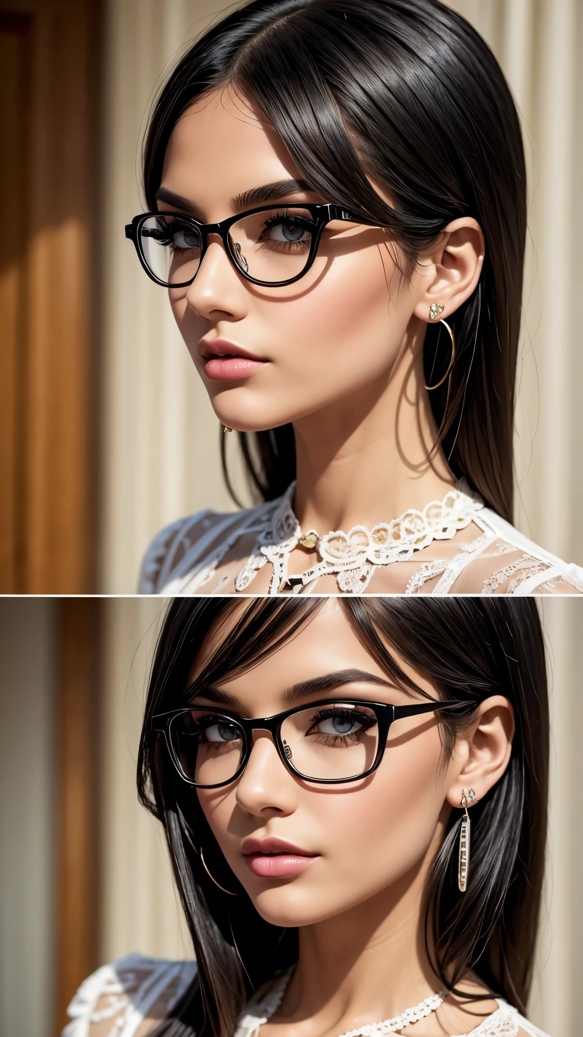 Black hair, glasses, stud earrings, vintage, feminine, 8k, masterpiece, best quality, excellent detail) , (high saturation, best shadows, best light, extremely delicate bleaching) dark style