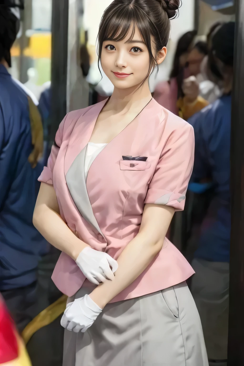 (masterpiece:1.2, Highest quality:1.2), 32k HDR, High resolution, (alone、1 girl)、(On the rooftop of a building in the daytime、Professional Lighting)、Building rooftop background、(Nankai train crew uniform pinkを着たリアルスタイル)、(Nankai train crew uniform pink short sleeve collarless pink jacket、Nankai Train Crew Uniform Pink Collarless Short Sleeve Blouse、Nankai Train Crew Uniform Pink Grey Knee-length Culottes)、((The bottom of the pink short-sleeved jacket cannot be tucked into the clay-colored culottes.))、Dark brown hair、(Hair tied up、Hair Bun、Hair Bun)、Dark brown hair、Long Shot、Big Breasts、Thin legs、((Great hands:2.0)),((Harmonious body proportions:1.5)),((Normal limbs:2.0)),((Normal finger:2.0)),((Delicate eyes:2.0)),((Normal eyes:2.0)))、(Nankai Train Crew Uniform Pink Grey Knee-length Culottesを見せた美しい立ち姿)、smile