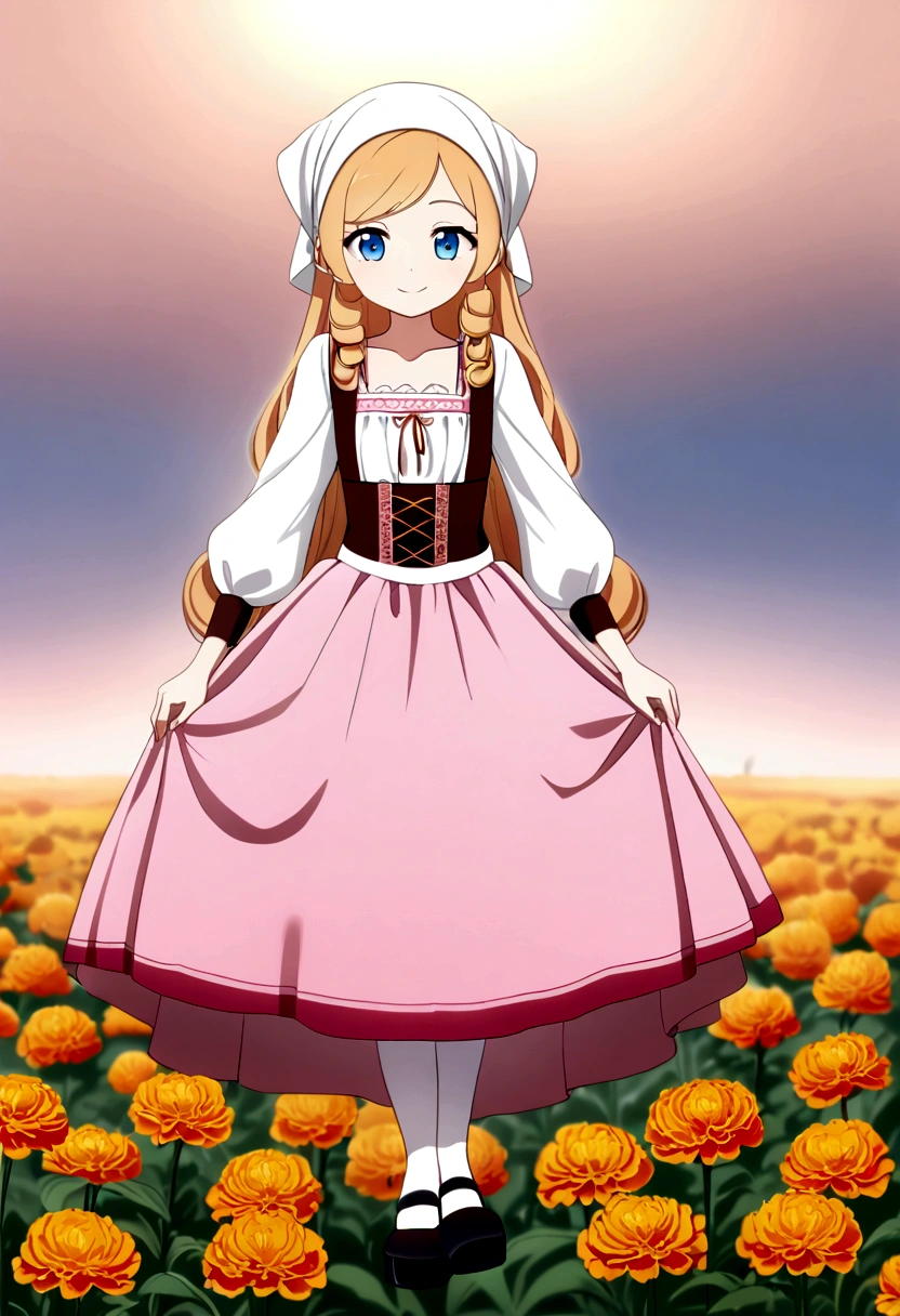 golden orange hair, gradient hair, very long hair, swept bangs, sidelocks, curly hair, wavy hair, (((((head scarf))))), head bandana, pink apron, flower in hair, marigold, orange flower, blue eyes, dirndl, pink dress, pink dirndl, long sleeves, waist apron, white apron, bow on waist, blue bow, , polish clothing, Slavic clothing, Hungarian clothing, anime, cute, full body, white leggings, black shoes, flat chest, smile, 