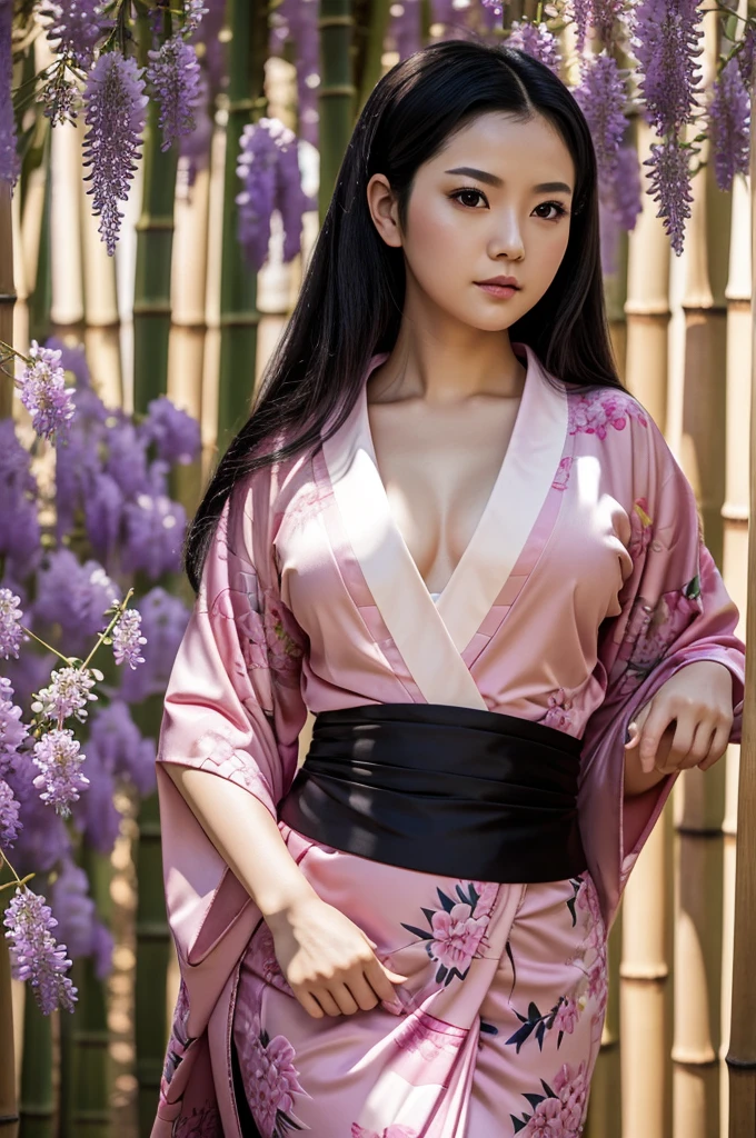 masterpiece, (pink kimono), seductive face, good lighting, low-cut, fine details, masterpiece, glowing eyes, 1girl, black hair, gag, bamboo, Nezuko Kamado, wisteria background, masterpiece, best quality, POV, whole body, wide hips,