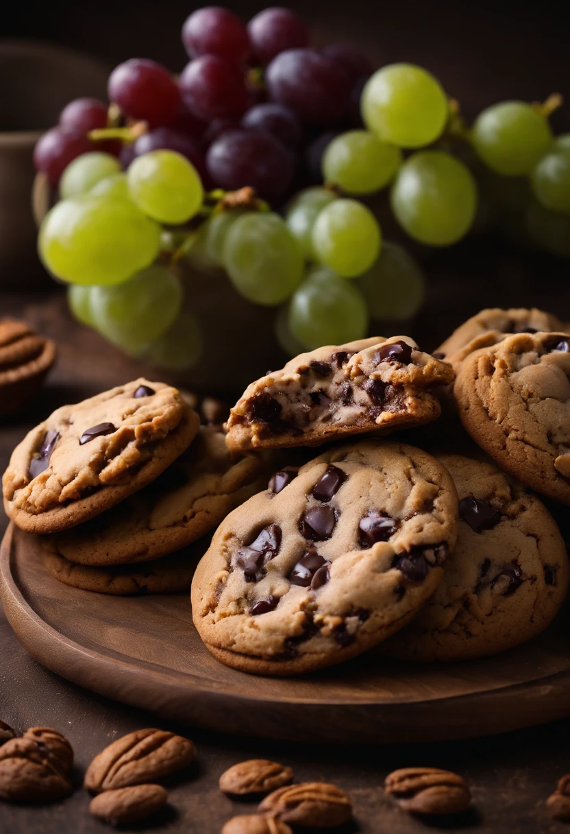 Cookie, Cookie cookie, chocolate, with grape ice cream, chocolate chip cookie with chocolate chips and walnuts, (cookie with grape ice cream por cima), realisitic, high resolution, 4K, scenario (not nature), Cookies de chocolate with grape ice cream, professional foto, best photographer in the world, grade, optical zoom, cookies com sorvete de uva, cookies com sorvete roxo, cookie com sorvete de uva