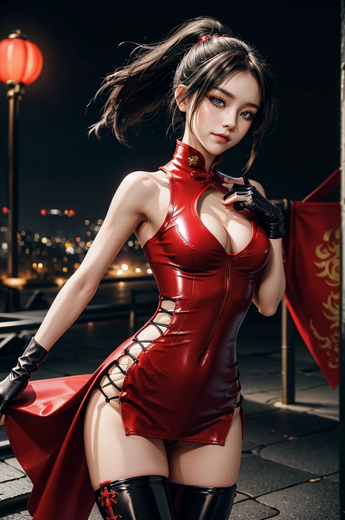 (RAW photo, best quality), Cute girl with short black hair, (ponytail), (city roof at night background), low light , dark eyeliner, cute smile, gorgeous face , super cute, 18 years old , young looking, hyper detailed face, dark eyeliner, (medium breast), (thin waist, super slender), (bare shoulders, (exposed hips), skintight and red PVC qipao china dress with yellow dragon decoration and vivid patterns, deep black leather thigh high boots, ((red PVC fingerless gloves)), cleavage, ((both hands on waist)), one leg in front of the other, (((very extremely small small navel exposure))), (thigh belt)