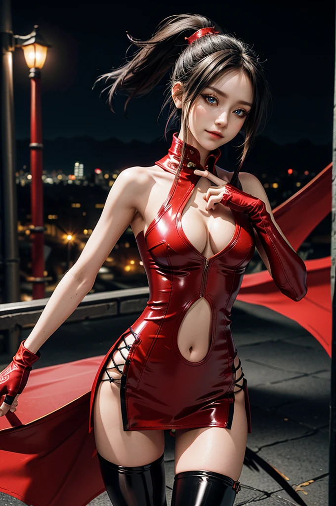 (RAW photo, best quality), Cute girl with short black hair, (ponytail), (city roof at night background), low light , dark eyeliner, cute smile, gorgeous face , super cute, 18 years old , young looking, hyper detailed face, dark eyeliner, (medium breast), (thin waist, super slender), (bare shoulders, (exposed hips), skintight and red PVC qipao china dress with yellow dragon decoration and vivid patterns, deep black leather thigh high boots, ((red PVC fingerless gloves)), cleavage, ((both hands on waist)), one leg in front of the other, (((very extremely small small navel exposure))), (thigh belt)