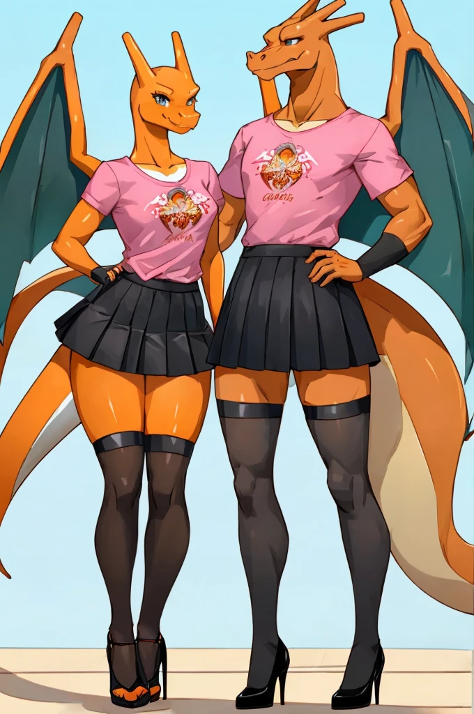 ((Charizard)), anthropomorphic, big tits, big ass, Pokemorfo, (((1 girl))), (((pink t-shirt))), (black pleated skirt), cute and sexy, (black heels), slender, orange peel, (black fingerless gloves), long legs, smiling, brother in law