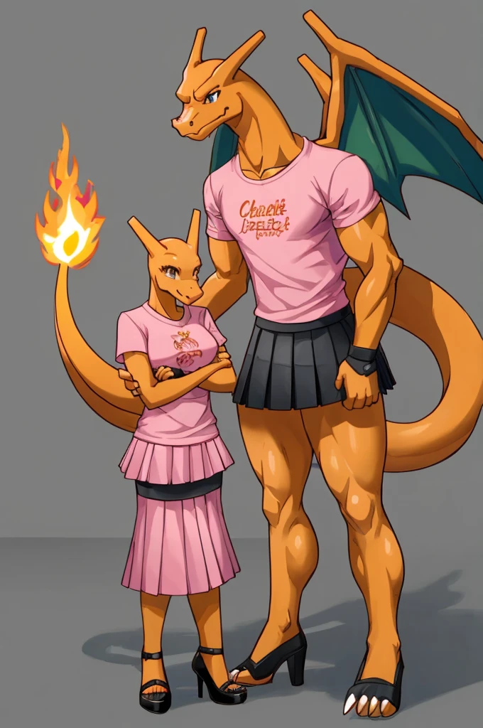 ((Charizard)), anthropomorphic, big tits, big ass, Pokemorfo, (((1 girl))), (((pink t-shirt))), (black pleated skirt), cute and sexy, (black heels), slender, orange peel, (black fingerless gloves), long legs, smiling, brother in law