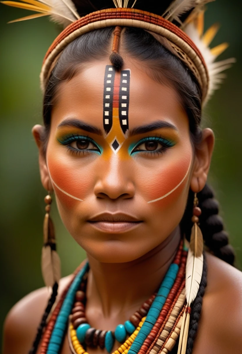 a detailed portrait of an indigenous tupinambá woman from brazil, intricate tribal makeup, detailed facial features, bright and soft diffused lighting, highly detailed 4k artwork, sharp focus, depth of field, imposing headdress, colors