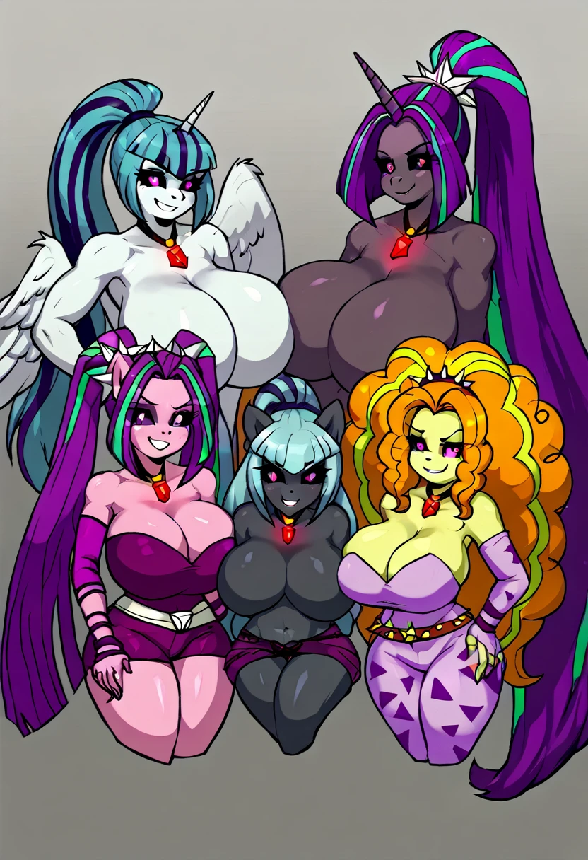 Alicorn princess and Adagio Dazzle,sonata dusk Aria Blaze , white mane,black sclera ,black body color  long flowing  mane pink  eyes anthro huge breasts  