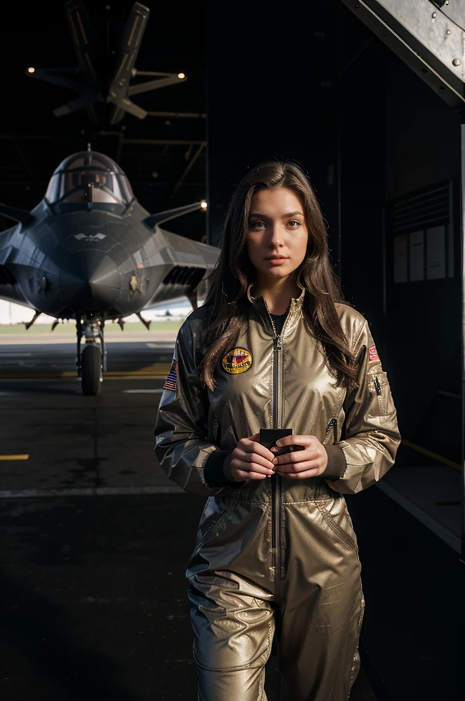 skylarValentineTi02 wearing a long-sleeved flightsuit standing in front of a SR-71 blackbird aircraft