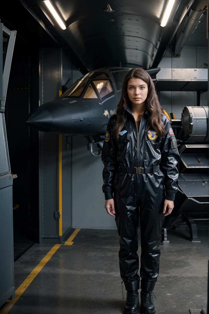 skylarValentineTi02 wearing a long-sleeved flightsuit standing in front of a SR-71 blackbird aircraft