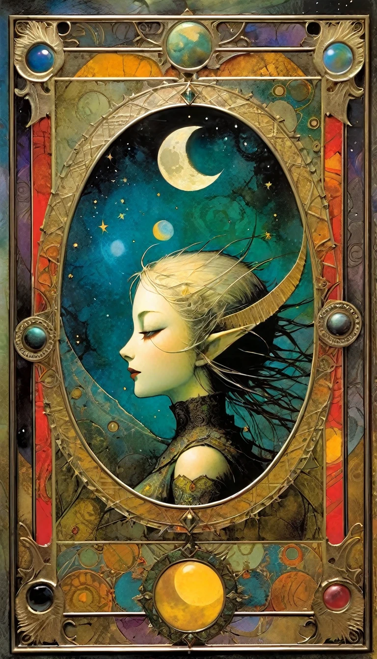 ((tarot card)) THE MOON ((card frame)), work by Dave mcKean, vivid colors, intricate details, oil.
